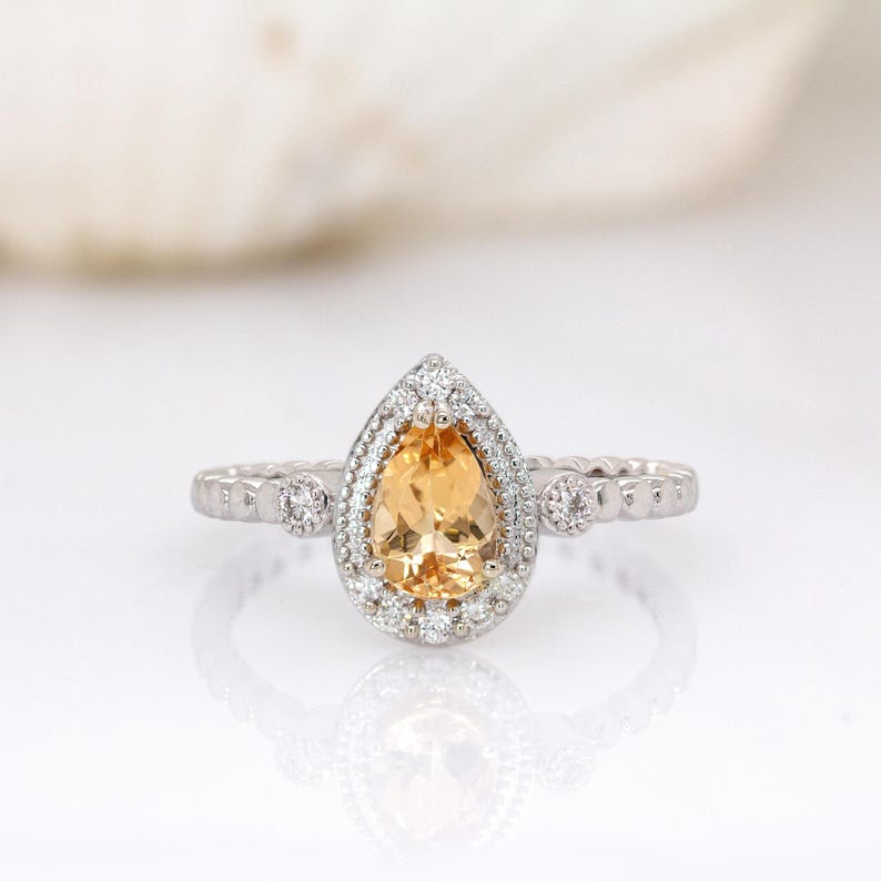 Brazilian Imperial Topaz Ring With Natural Diamond Halo in 14k Solid White Gold