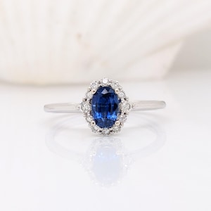 Minimalist Ceylon Sapphire Ring w Natural Earth Mined Diamonds in Solid 14k White Gold || Oval 6x4mm || Daily Wear || September Birthstone |