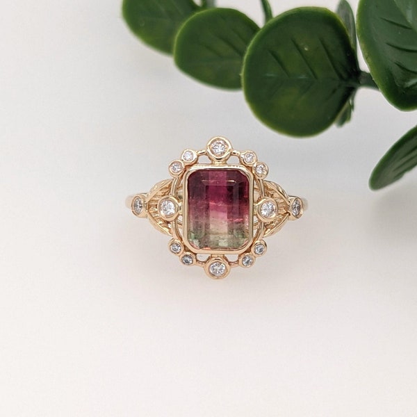 Elegant Watermelon Tourmaline Ring w Natural Earth Mined Diamonds in Solid 14k Yellow Gold || Emerald Cut 8x6mm || October Birthstone ||