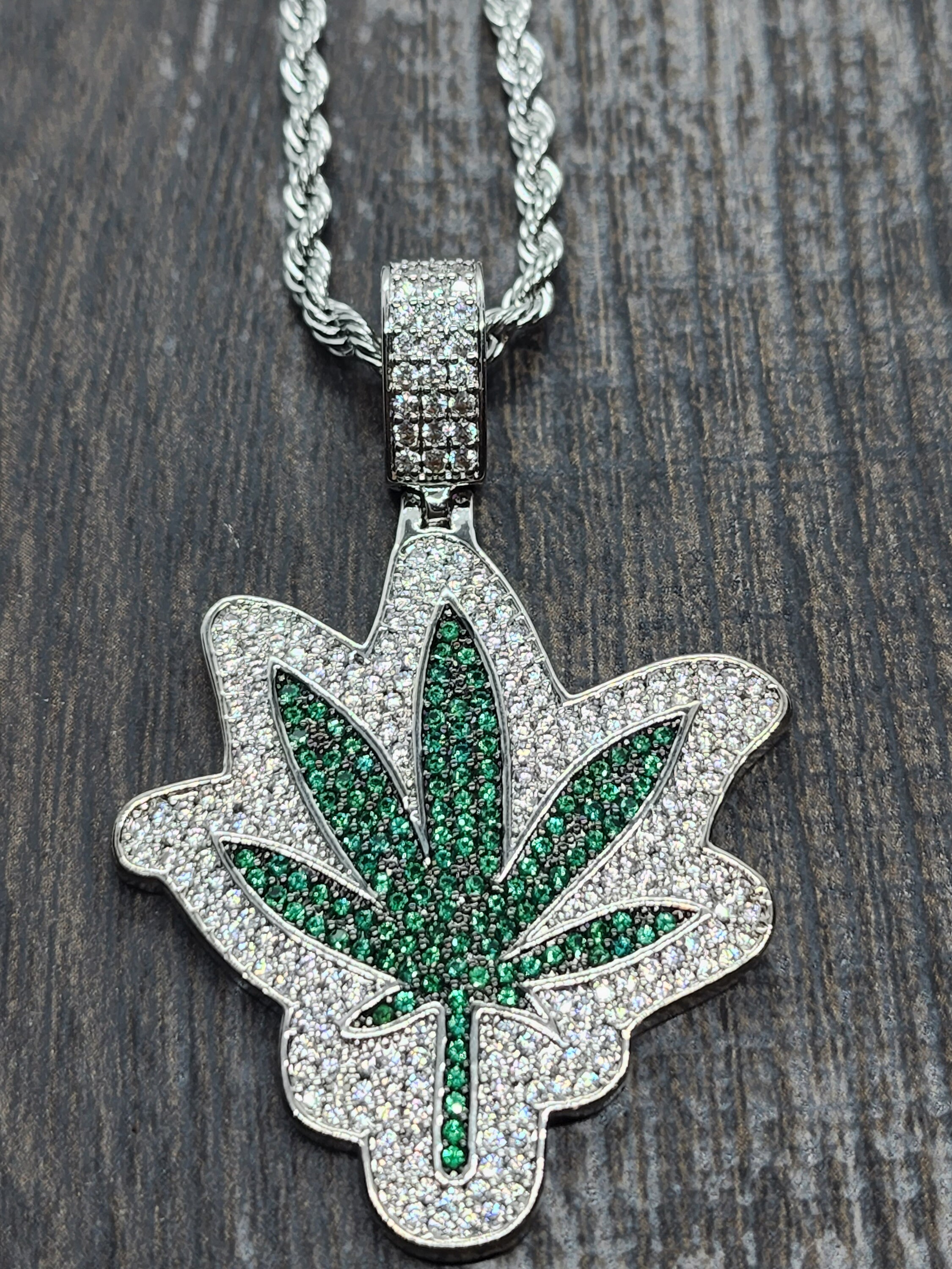 Silver Green Weed Iced Out Pendant 20 Rope Chain Necklace Etsy