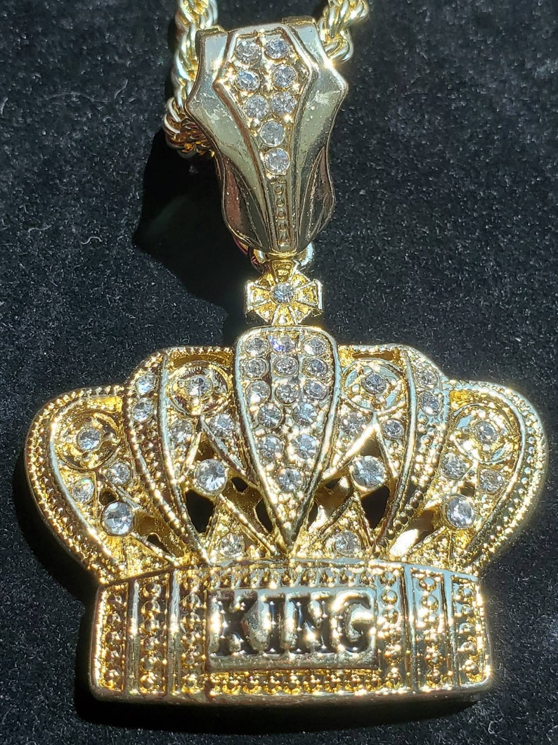 Gold Plated Crown King Iced Out Pendant 24 Rope Chain Etsy