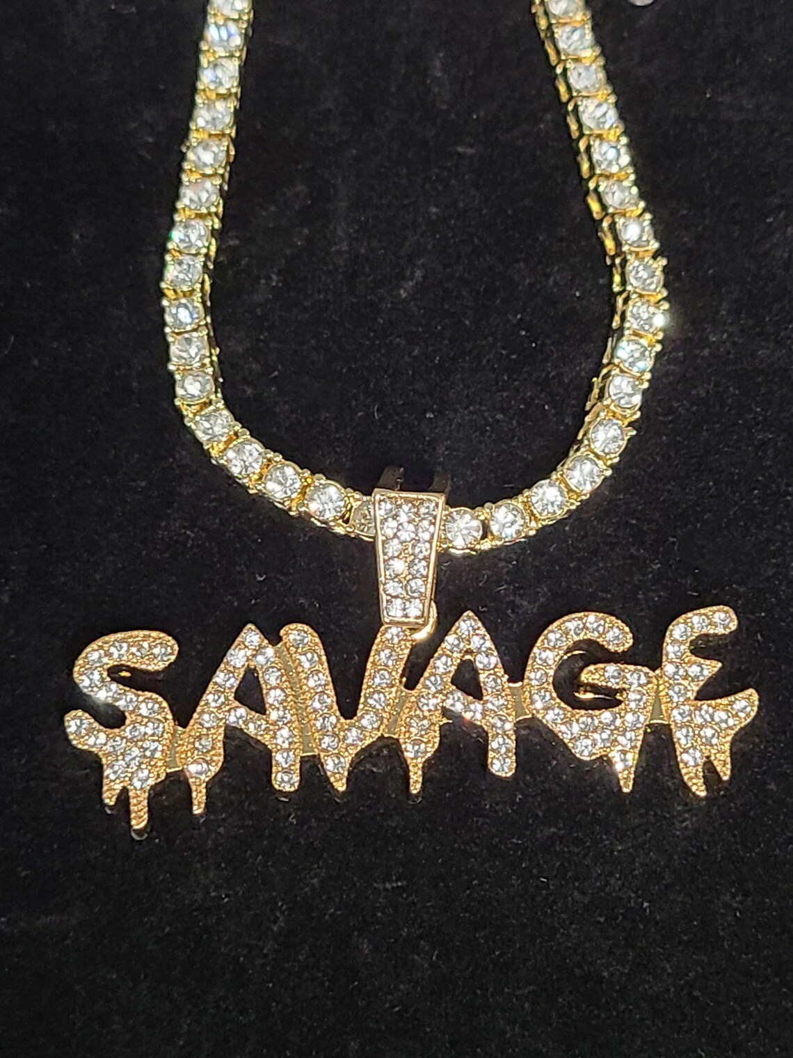 Gold Plated SAVAGE Iced Out Pendant 18 Tennis Chain Etsy