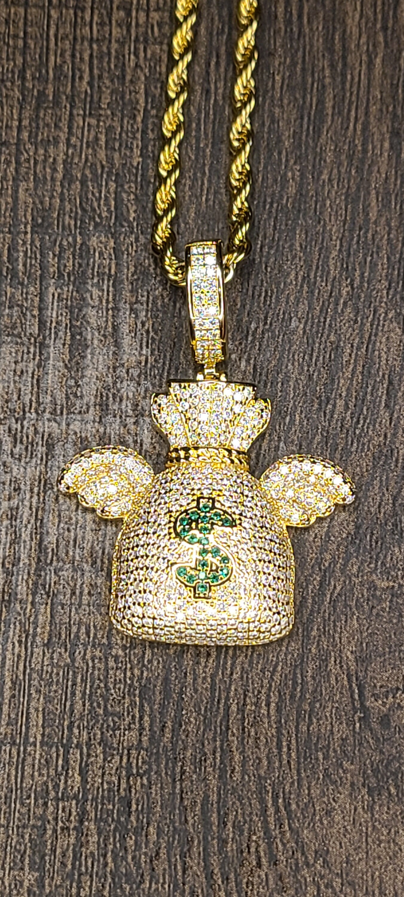 Gold Plated Money Bag With Wings Iced Out Pendant 18 Rope Chain