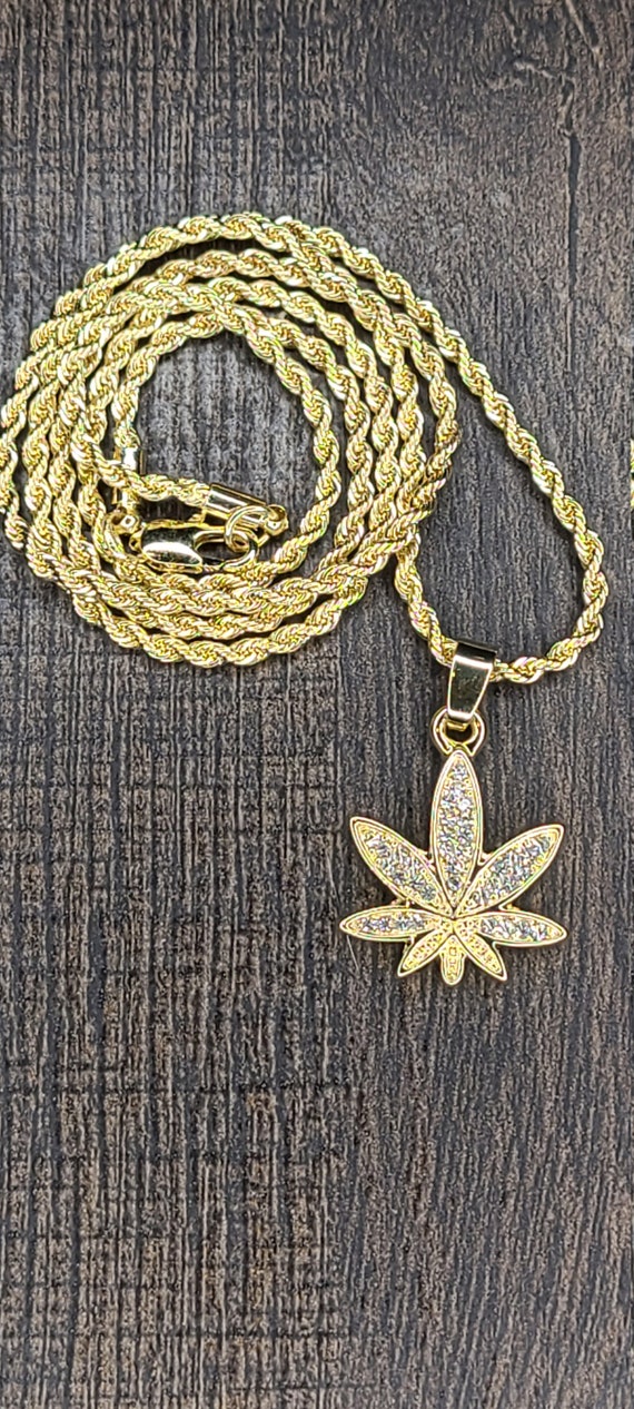 Gold Plated Weed Leaf Iced Out Pendant 30 Rope Chain Necklace - Etsy