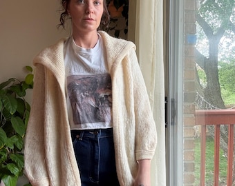 Vintage 1950s Loubella Cream Lambswool Collared Open Cardigan