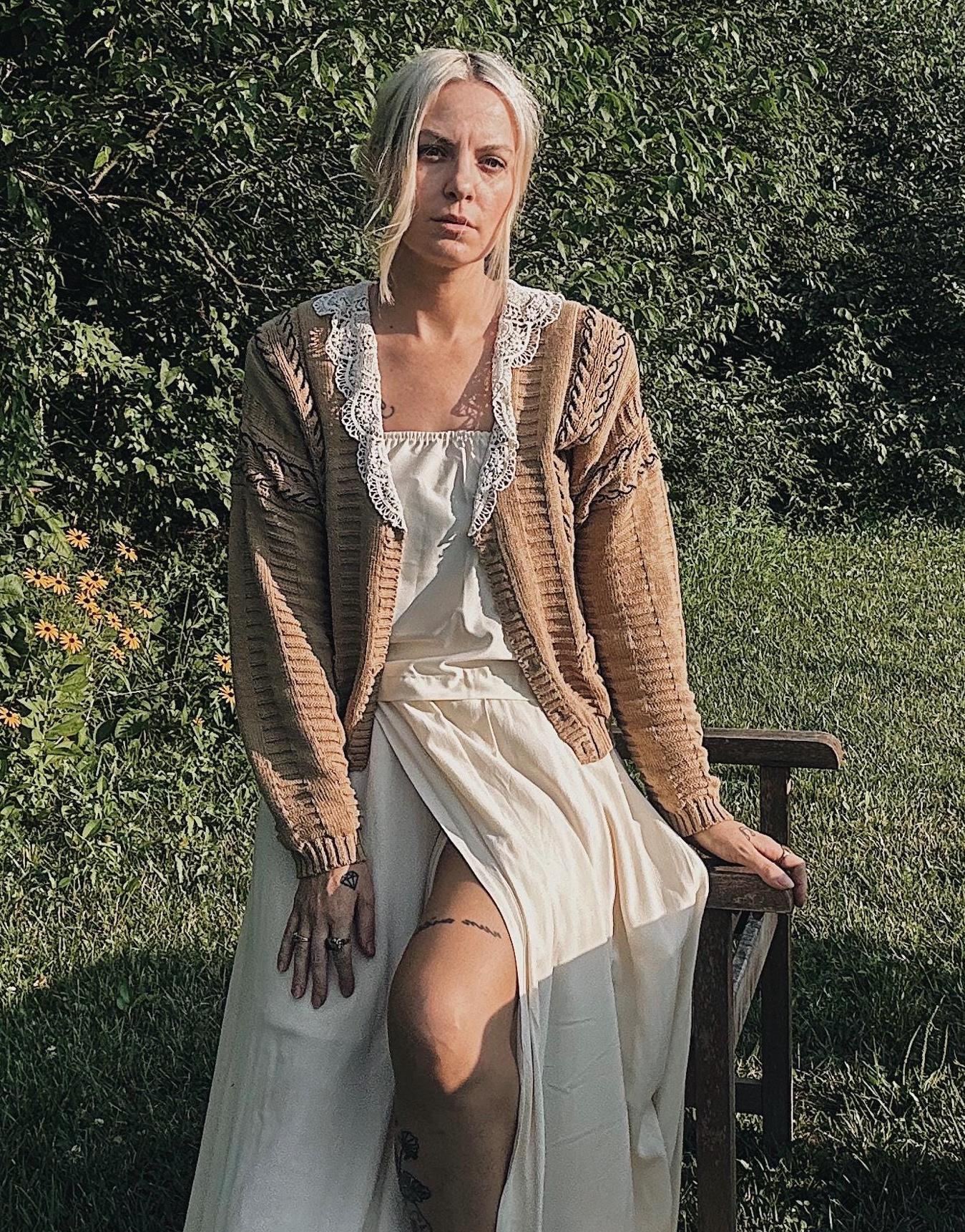 Vintage 1980s Tan Cable Knit Cardigan With Lace Collar - Etsy
