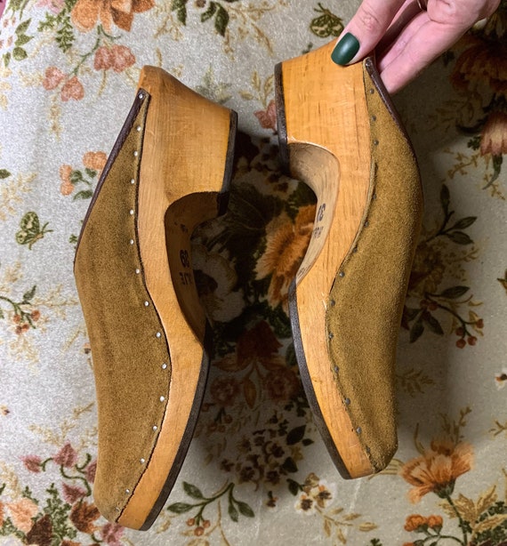 Vintage 1970s Handmade Suede Wooden Clogs