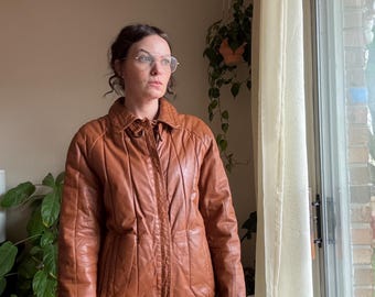 Vintage 1970s Korean Leather Wear Quilted Cognac Bomber Jacket
