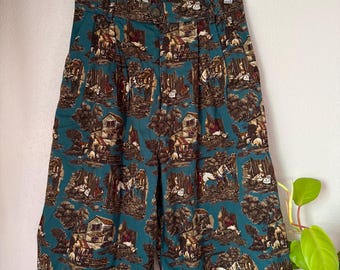Vintage English Country Equestrian Toile High-waisted Long Shorts