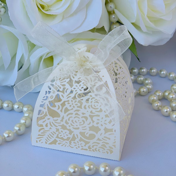 Ivory Floral Laser Cut Candy Box Pack of 50
