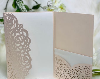 Blush 3 Fold Laser Cut Invitation with Pocket Pack of 10