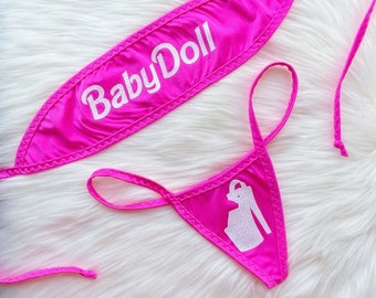 Babygirl Stripper Outfits Two Pieces Set Exotic DanceWear Custom Text Thong Exotic Stripper Clothes Stripper Lingerie Pink Custom Bikini