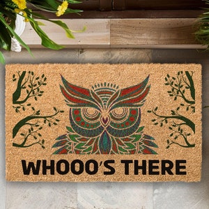 Owl Welcome mat, Owl doormat, Whooo&#39;s There, Cute Owl decor rug, Housewarming gift, Unique Wedding Gift, Entryway Owl Door Decor