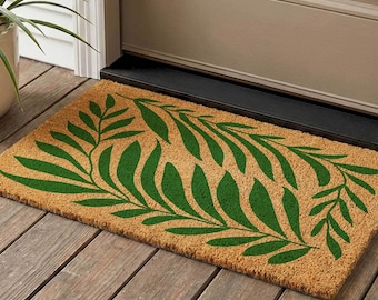 Green Leaves Welcome Mat, Botanical Coir Doormat