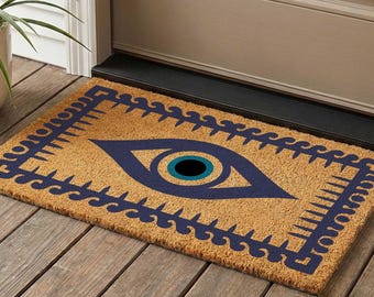 Evil Eye Coir Doormat, Greek Protection Symbol, Housewarming Gift
