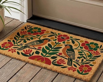 Folk Art Bird Coir Doormat, Floral Welcome Mat