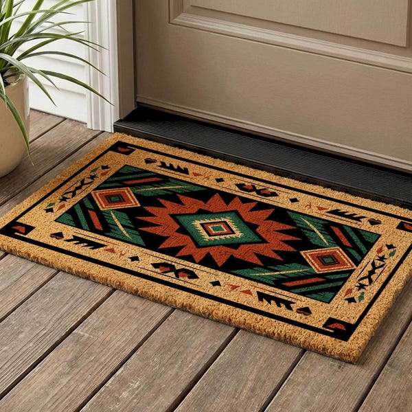 Welcome Mat: Aztec Tribal Pattern - Durable Coir Door Rug