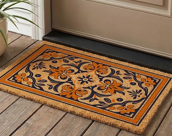 Mediterranean Coir Doormat, Traditional Floral Welcome Mat