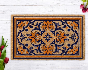 Mediterranean Doormat, Traditional Pattern Design, Classic Style Rug, Modern Gift, Housewarming Classic Gift, Unique Beautiful Welcome Mat
