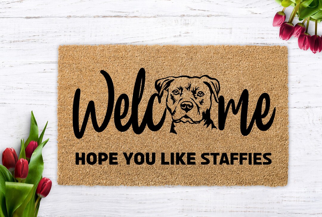 Staffy Gift, Staffordshire Bull Terrier Dog Art Door Mat, Happy Staffy