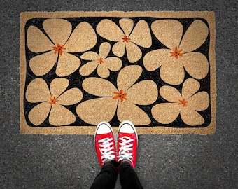 Floral Coir Doormat, Handcrafted Welcome Mat, Housewarming Gift