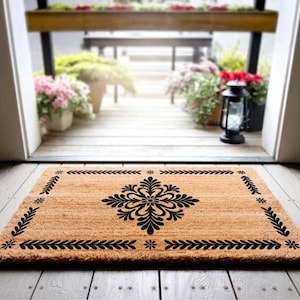 Floral Medallion Doormat, Mid-Century Boho Entryway Mat, Natural Coir Front Door