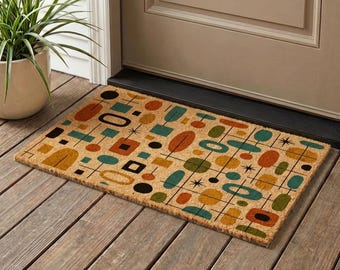Mid Century Modern Coir Doormat, Geometric Retro Decor