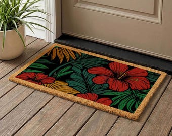 Tropical Hibiscus Coir Doormat, Vintage Floral Welcome Mat