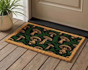 Mushroom Coir Doormat, Whimsical Botanical Welcome Mat