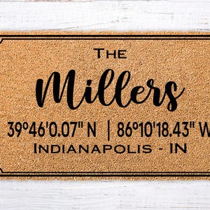 Coordinates Family Name Doormat, Personalized Housewarming Gift