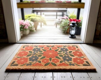Floral Coir Doormat, Vintage Flower Welcome Mat