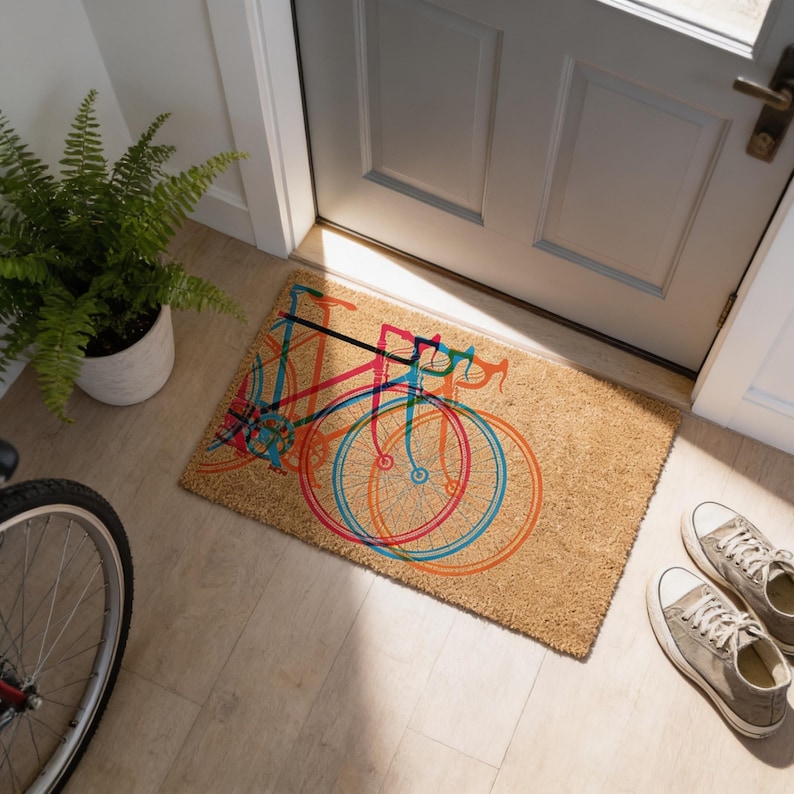 a colorful bicycle-themed doormat placed on a wooden floor, with a bicycle wheel and spokes visible on the mat. Next to the doormat, there is a potted plant and a bicycle wheel, suggesting a connection between the bicycle and the plant. A pair of shoes is also present in the scene, placed near the doormat.