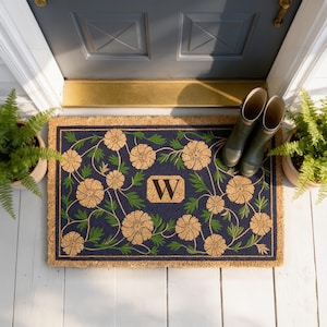 Floral Monogram Coir Doormat, Custom Initial Welcome Mat