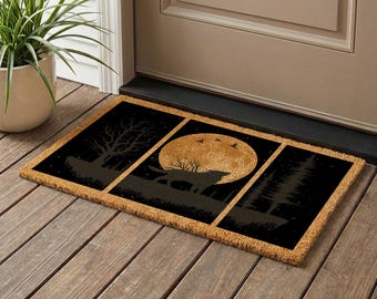 Night Wolf Moon Coir Doormat, Abstract Landscape Welcome Mat