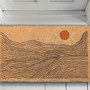 Landscape Line Drawing Welcome Mat – Minimalist Coir Door Mat | Modern Boho Outdoor Rug – Housewarming & New Home Gift