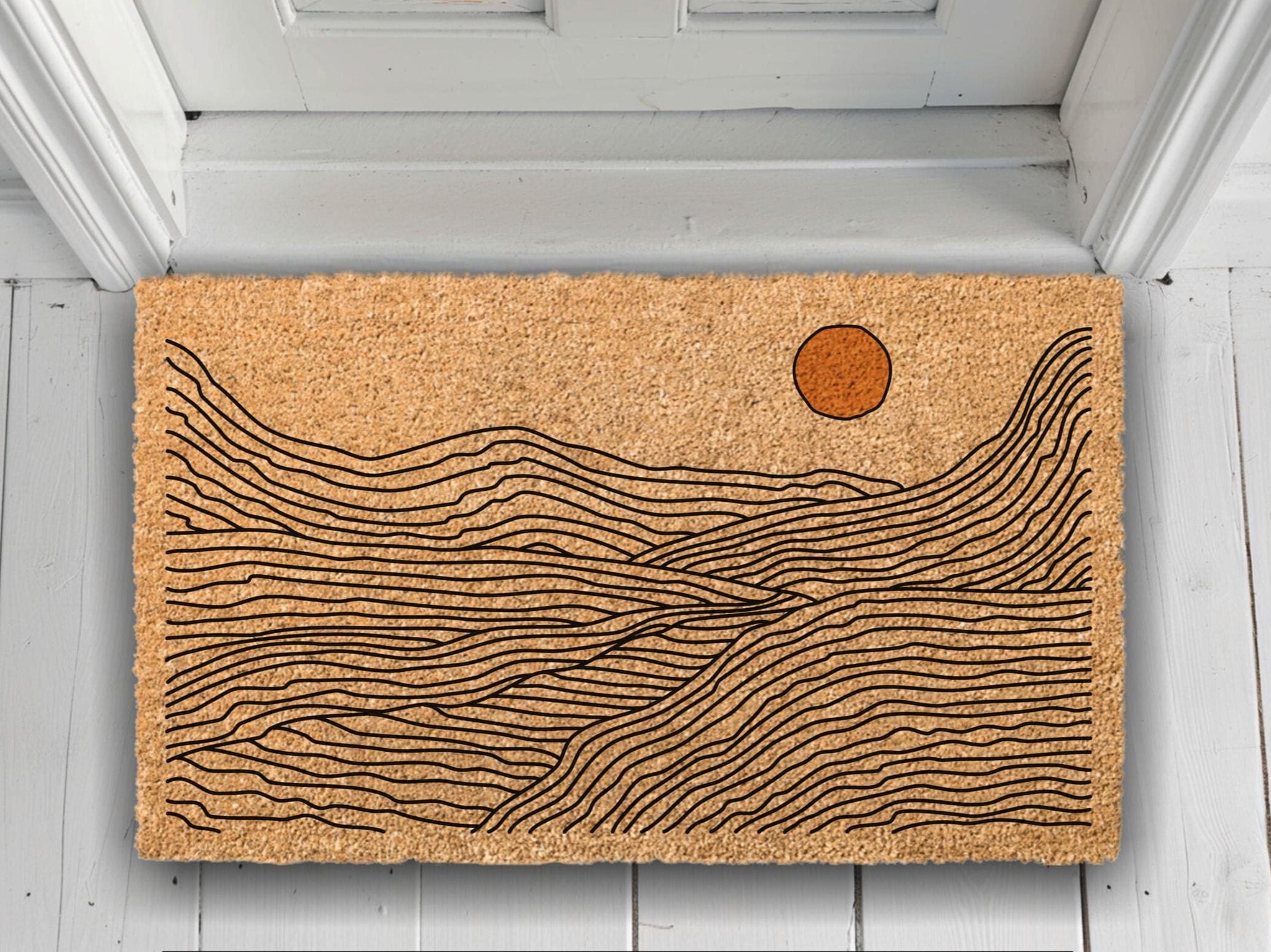 Landscape Line Drawing Welcome Mat – Minimalist Coir Door Mat | Modern Boho Outdoor Rug – Housewarming & New Home Gift
