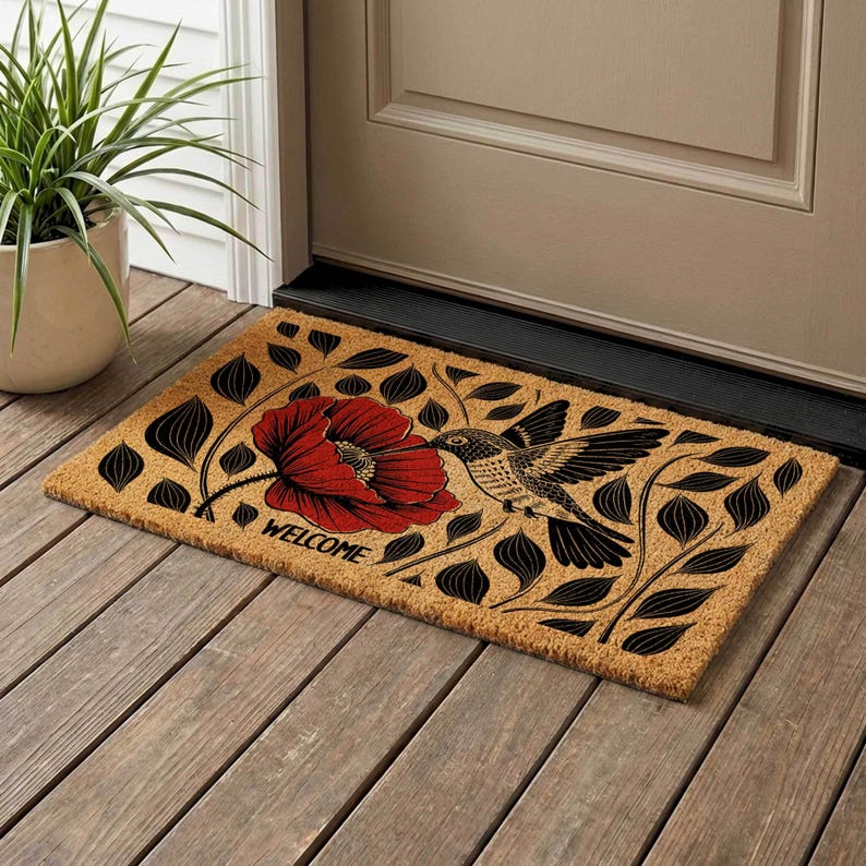 Hummingbird Welcome Mat Hummingbird Poppy Coir Doormat, Nature Inspired Floral Entryway Rug - Etsy