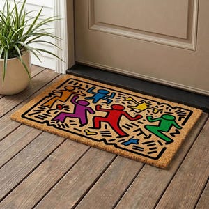 Colorful Dancing Figures Doormat, Abstract Pop Art Entry Rug, Retro Modern Decor