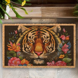 Floral Tiger Coir Doormat, Colorful Wildflower Design, Durable Mat zdjęcie 8