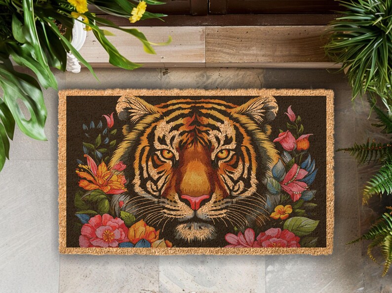 Floral Tiger Coir Doormat, Colorful Wildflower Design, Durable Mat zdjęcie 8