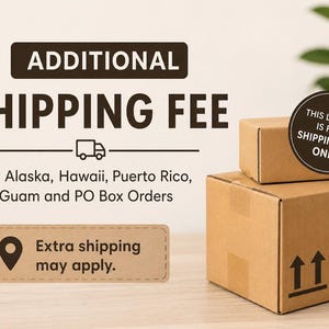 Peut inclure: Deux boîtes d'expédition en carton brun empilées l'une sur l'autre. Le texte indique : ADDITIONAL SHIPPING FEE, For Alaska, Hawaii, Puerto Rico, Guam and PO Box Orders, Extra shipping may apply, et THIS LISTING IS FOR SHIPPING FEE ONLY.