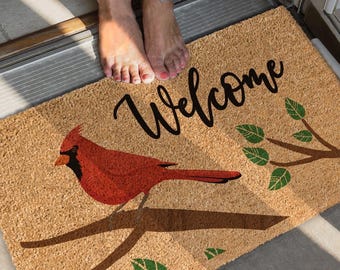 Cardinal Welcome Mat, Natural Coir Doormat, Housewarming Gift