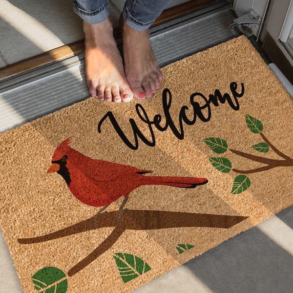 Cardinal Welcome Mat, Natural Coir Doormat, Housewarming Gift