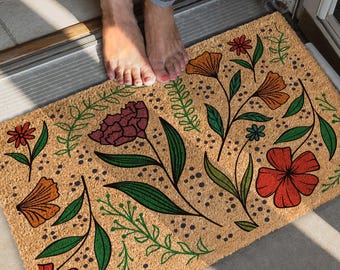 Floral Coir Doormat, Vintage Spring Flowers, Housewarming Gift