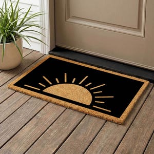 Artistic Welcome Mat: Sun Motif Coir Door Rug (Handmade, Non-Slip)