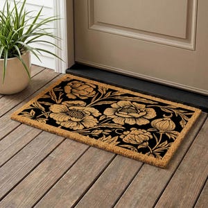 Black Floral Coir Doormat, Vintage Botanical Welcome Mat, Natural Entryway Rug