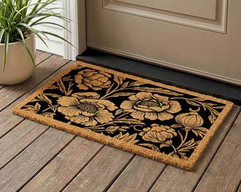 Black Floral Coir Doormat, Vintage Botanical Welcome Mat, Natural Entryway Rug