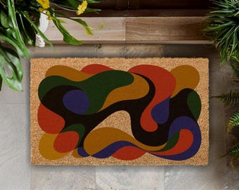 Abstract Coir Doormat, Mid Century Modern Entry Rug, Organic Shapes
