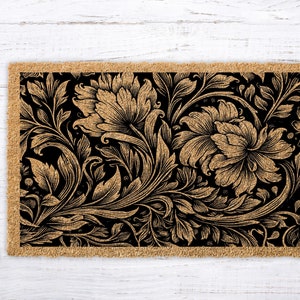 Garden Classy Gift, Floral Welcome Mat, Housewarming Gift, Wedding Classy Rug, Black Floral Welcome Mat, Entrance Garden Doormat, Coir Mat