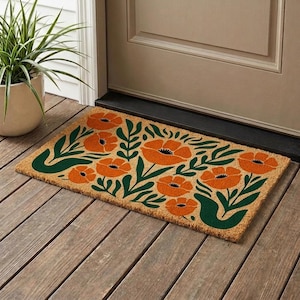 Retro Poppy Coir Doormat, Boho Floral Welcome Mat